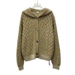 CW0641 Hermes Paris Beige Cable Knit Hooded Cardigan Sweater